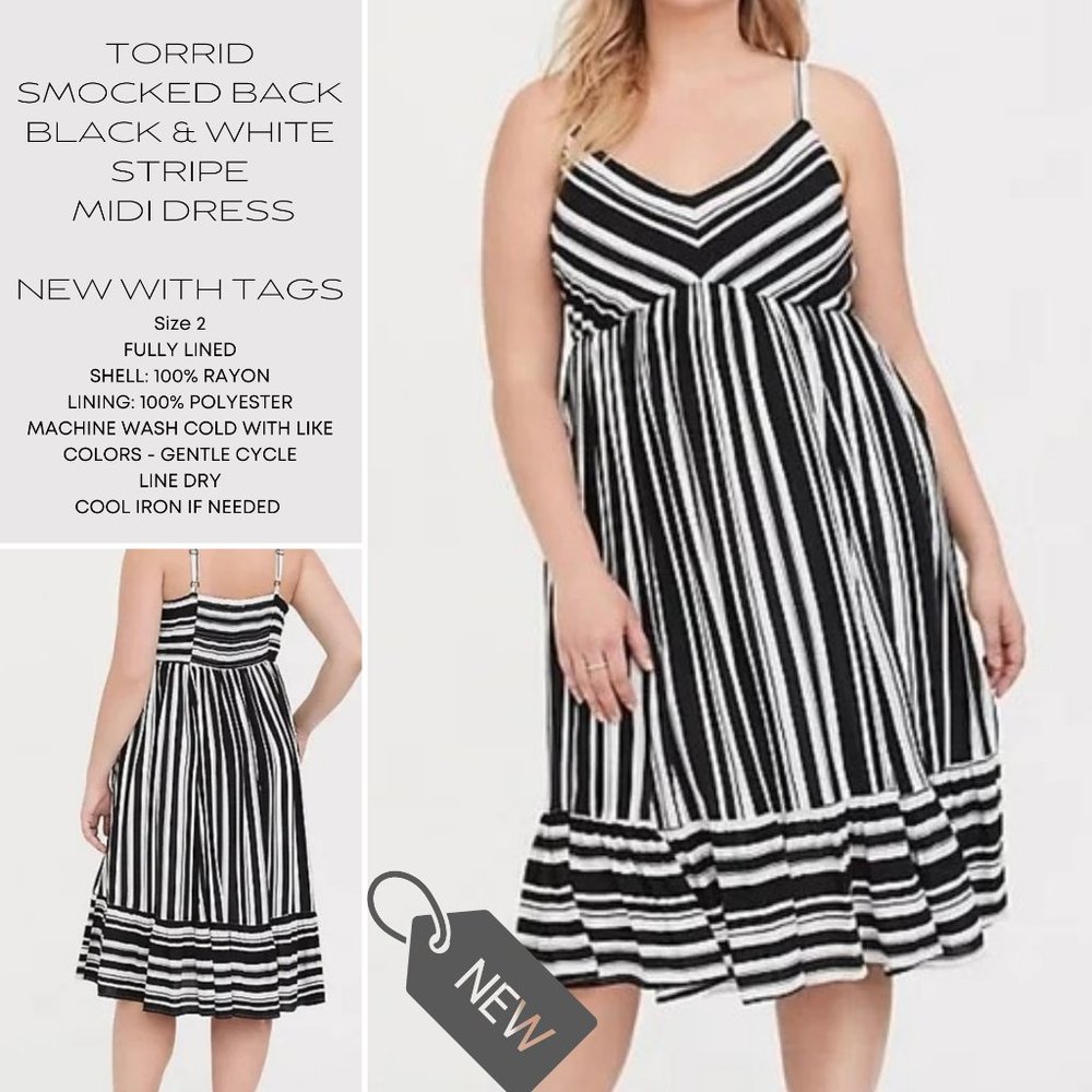TORRID SMOCKED BACK BLACK & WHITE STRIPE  MIDI DRESS  Size 2